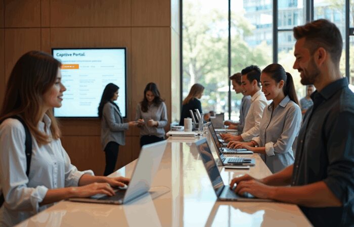 Hotel guests using Wi-Fi captive portal in modern lobby