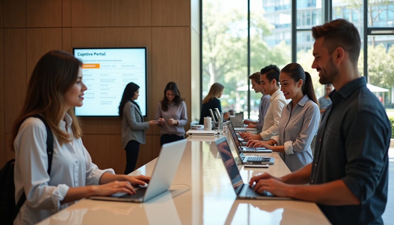 Hotel guests using Wi-Fi captive portal in modern lobby