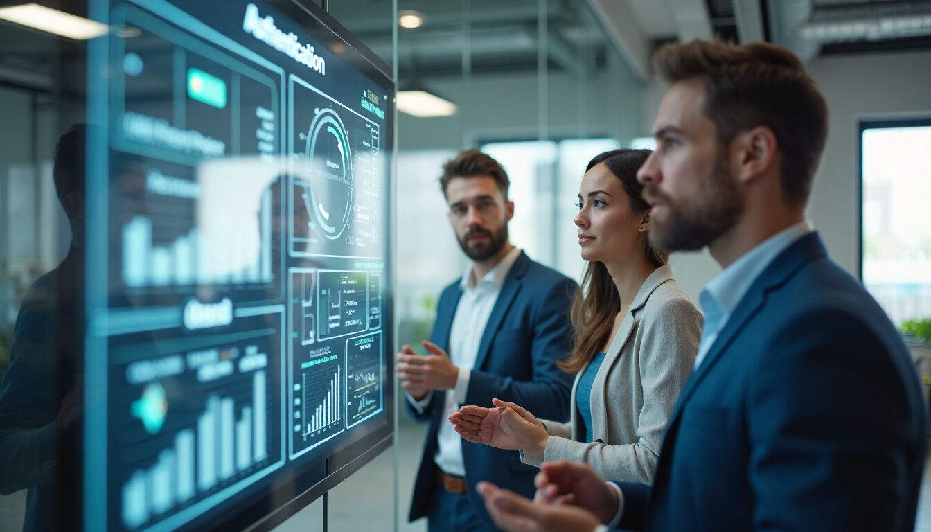 Diverse IT managers discuss authentication in a modern office
